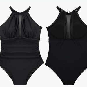 ONE piece Swimsuit Sz 24W NWT Black Tummy Control Sheer Ruched High Neck